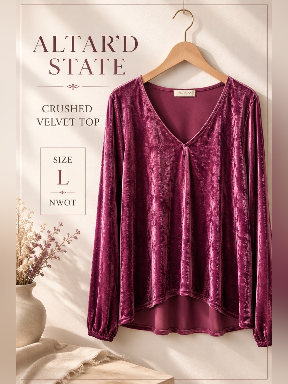 Altar’d State Crushed Velvet V-Neck Long Sleeve Top Magenta Size L